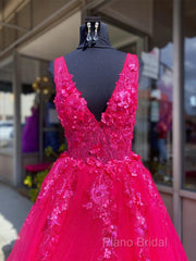 V Neck Pink Lace Formal Prom Dresses, Pink V Neck Long Lace Formal Dresses