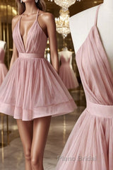V Neck Pink Short Formal Prom Dresses, Pink Homecoming Dresses, Short Pink Formal Evening Dresses