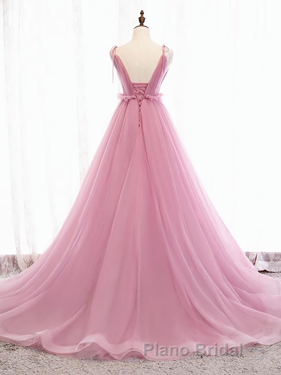 V Neck Pink Tulle Formal Prom Dresses with Train, Pink Long Formal Evening Graduation Dresses Secondary image