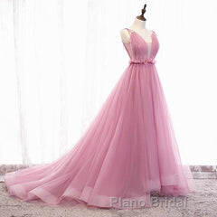 V Neck Pink Tulle Formal Prom Dresses with Train, Pink Long Formal Evening Graduation Dresses