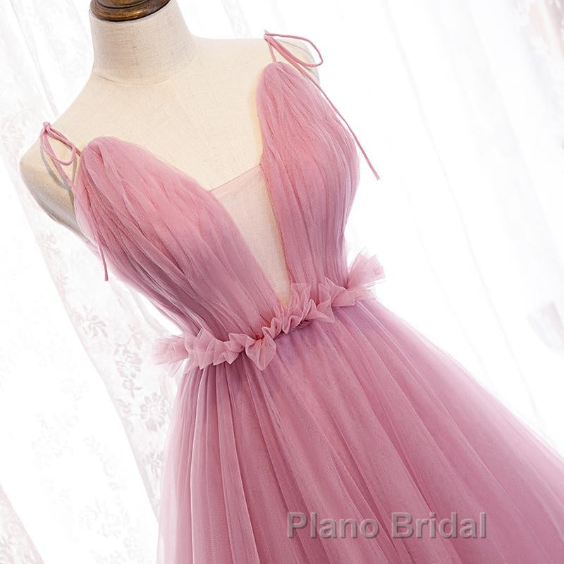 V Neck Pink Tulle Formal Prom Dresses with Train, Pink Long Formal Evening Graduation Dresses