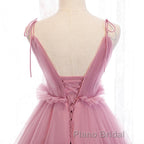 V Neck Pink Tulle Formal Prom Dresses with Train, Pink Long Formal Evening Graduation Dresses