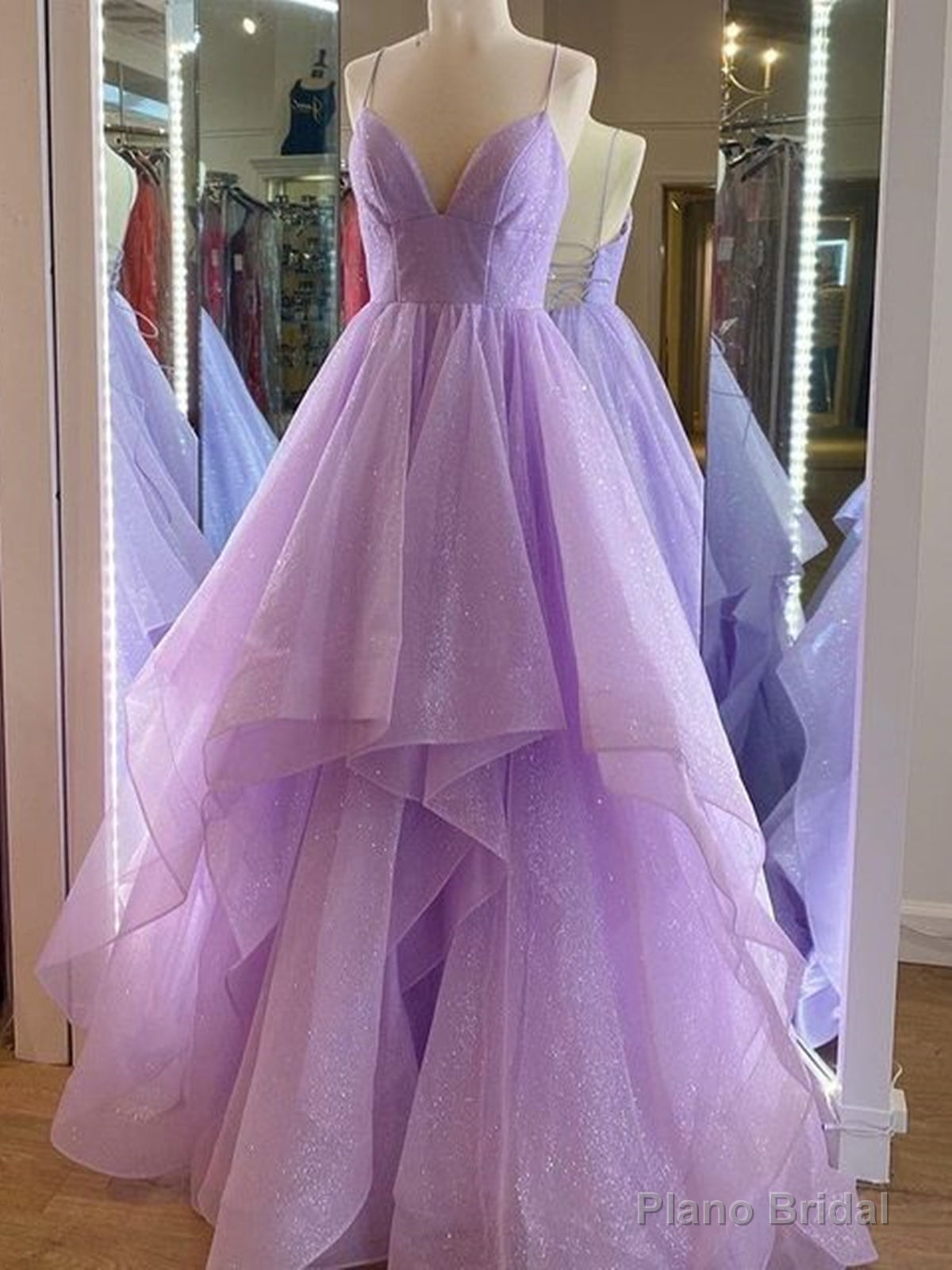 V Neck Purple Tulle Long Prom Dresses, Purple High Low Formal Evening Dresses Main image
