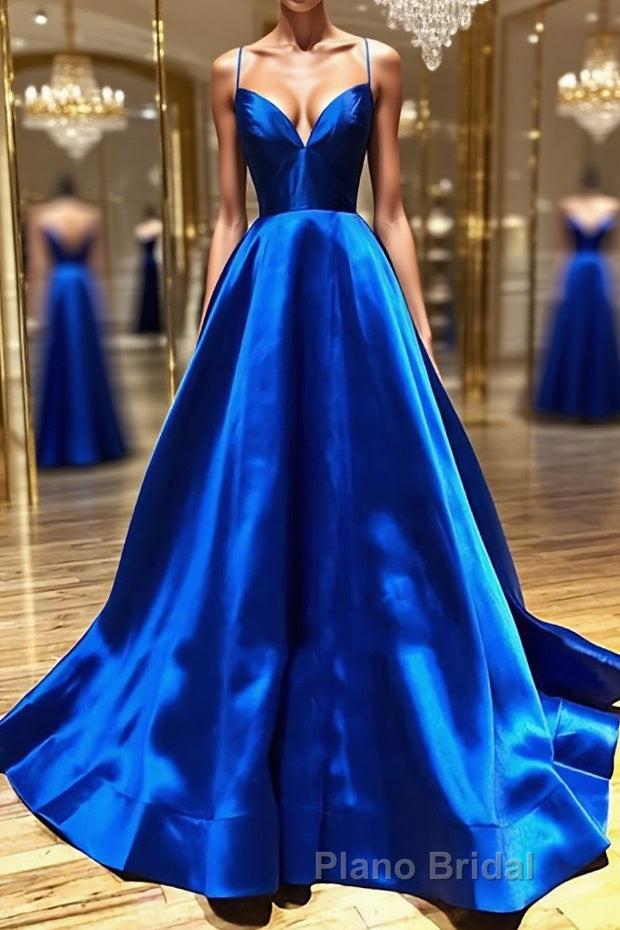 V Neck Royal Blue Backless Formal Prom Dresses, Royal Blue Backless Formal Graduation Evening Dresses Main image