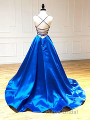 V Neck Royal Blue Backless Formal Prom Dresses, Royal Blue Backless Formal Graduation Evening Dresses