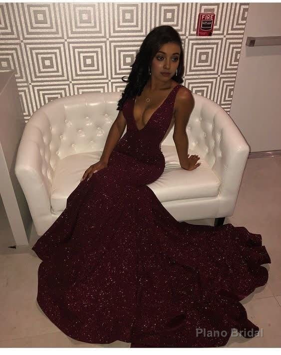 V neck Sequin Burgundy Mermaid Prom Dress Main image