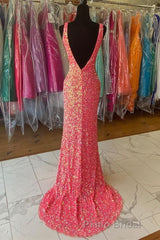V neck Sequin Mermaid Long Formal Prom Dresses,Prom Dresses