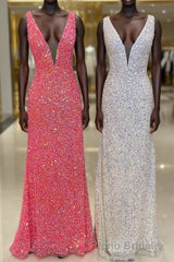 V neck Sequin Mermaid Long Formal Prom Dresses,Prom Dresses