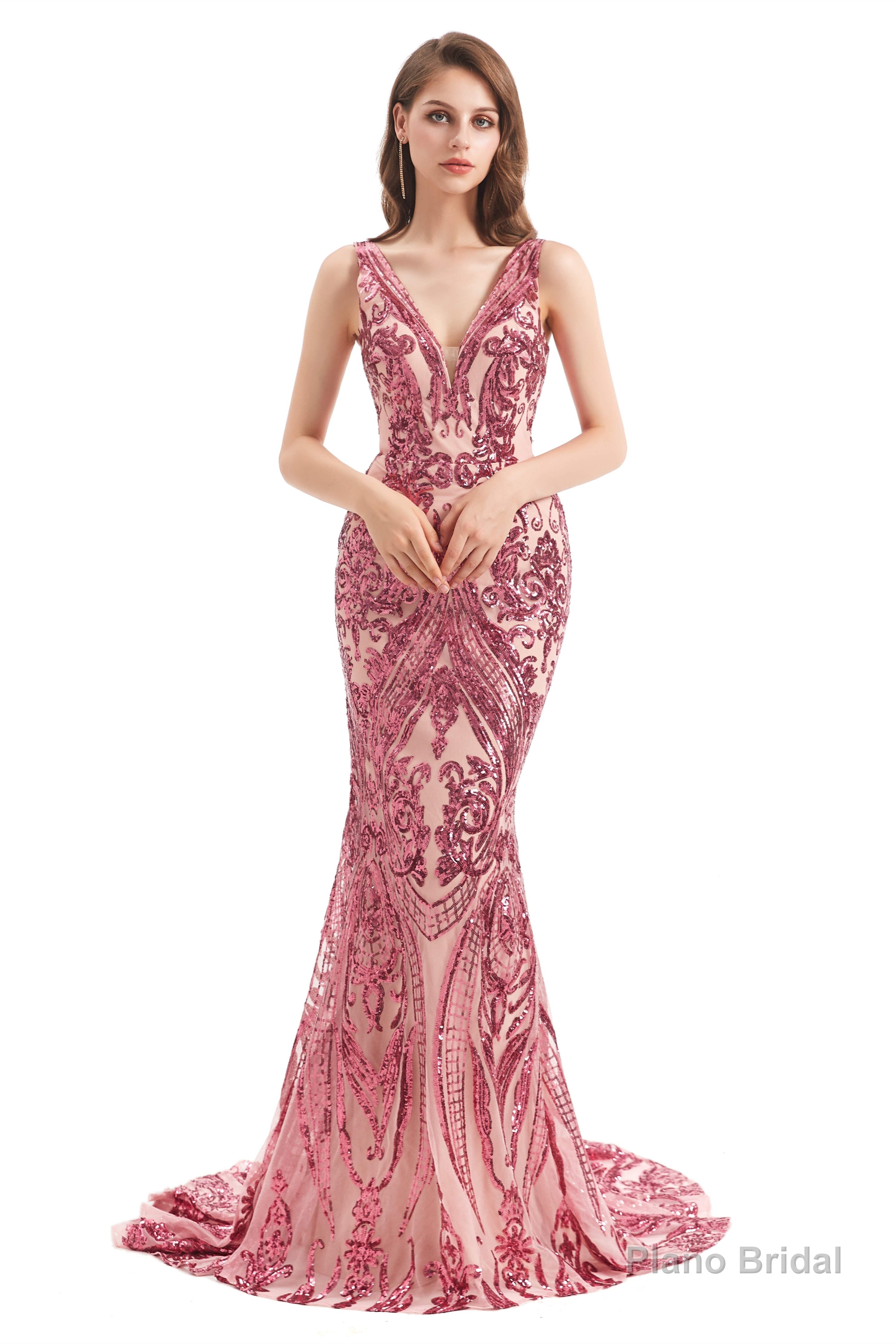 V-Neck Sequins Sleeveless Lace-up Mermaid Prom Dresses Main image