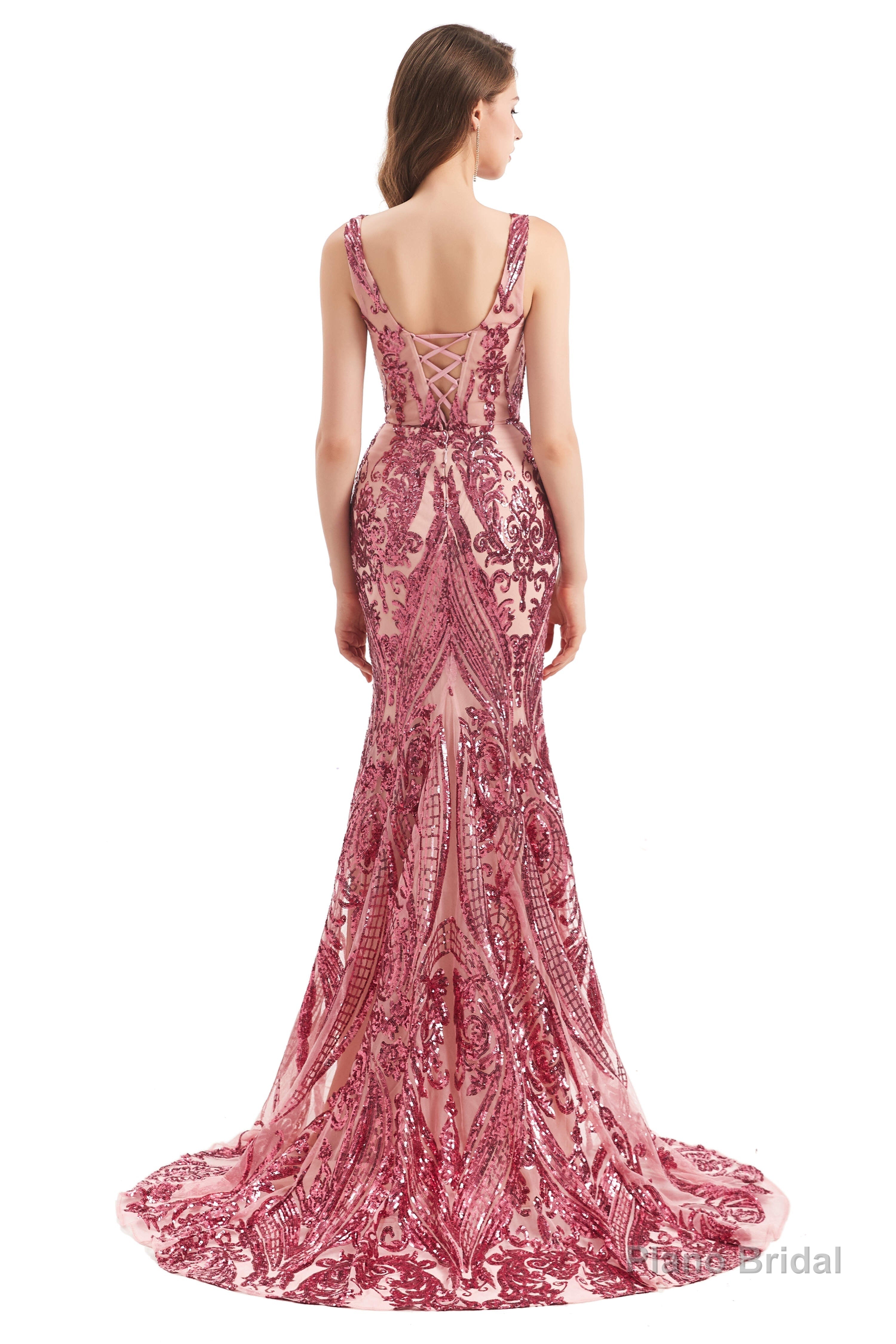 V-Neck Sequins Sleeveless Lace-up Mermaid Prom Dresses