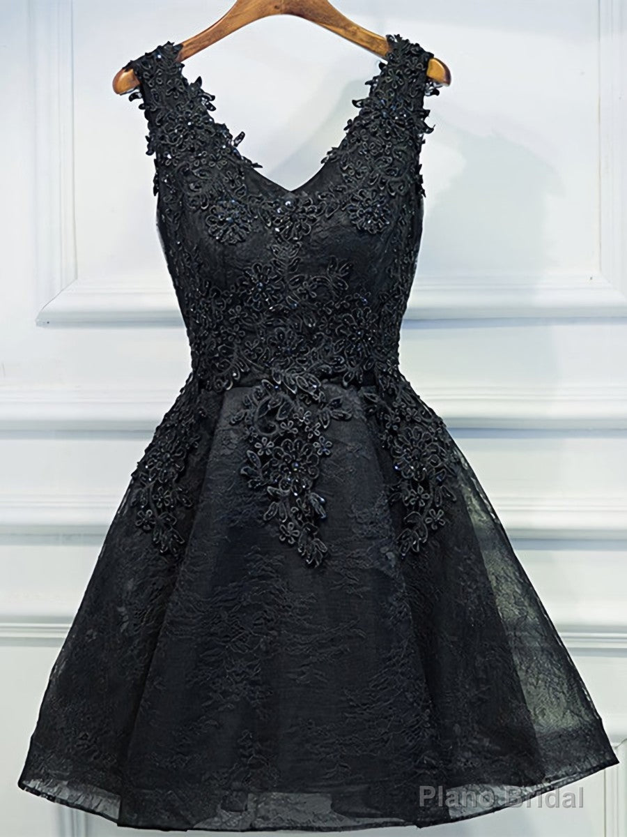V Neck Short Black Lace Prom Dresses, Short Black Lace Graduation Homecoming Dresses Main image