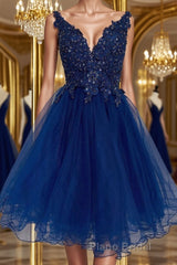 V Neck Short Blue Lace Formal Prom Dress, Blue Lace Homecoming Dress, Short Blue Formal Graduation Evening Dress
