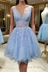 V Neck Short Blue Lace Formal Prom Dresses, Short Blue Lace Formal Homecoming Dresses