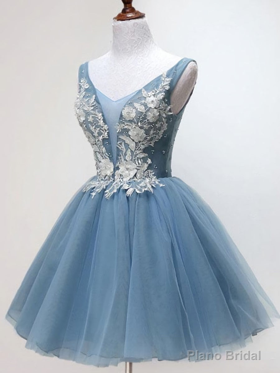 V Neck Short Blue Lace Prom Dresses, Short Blue Lace Graduation Homecoming Dresses
