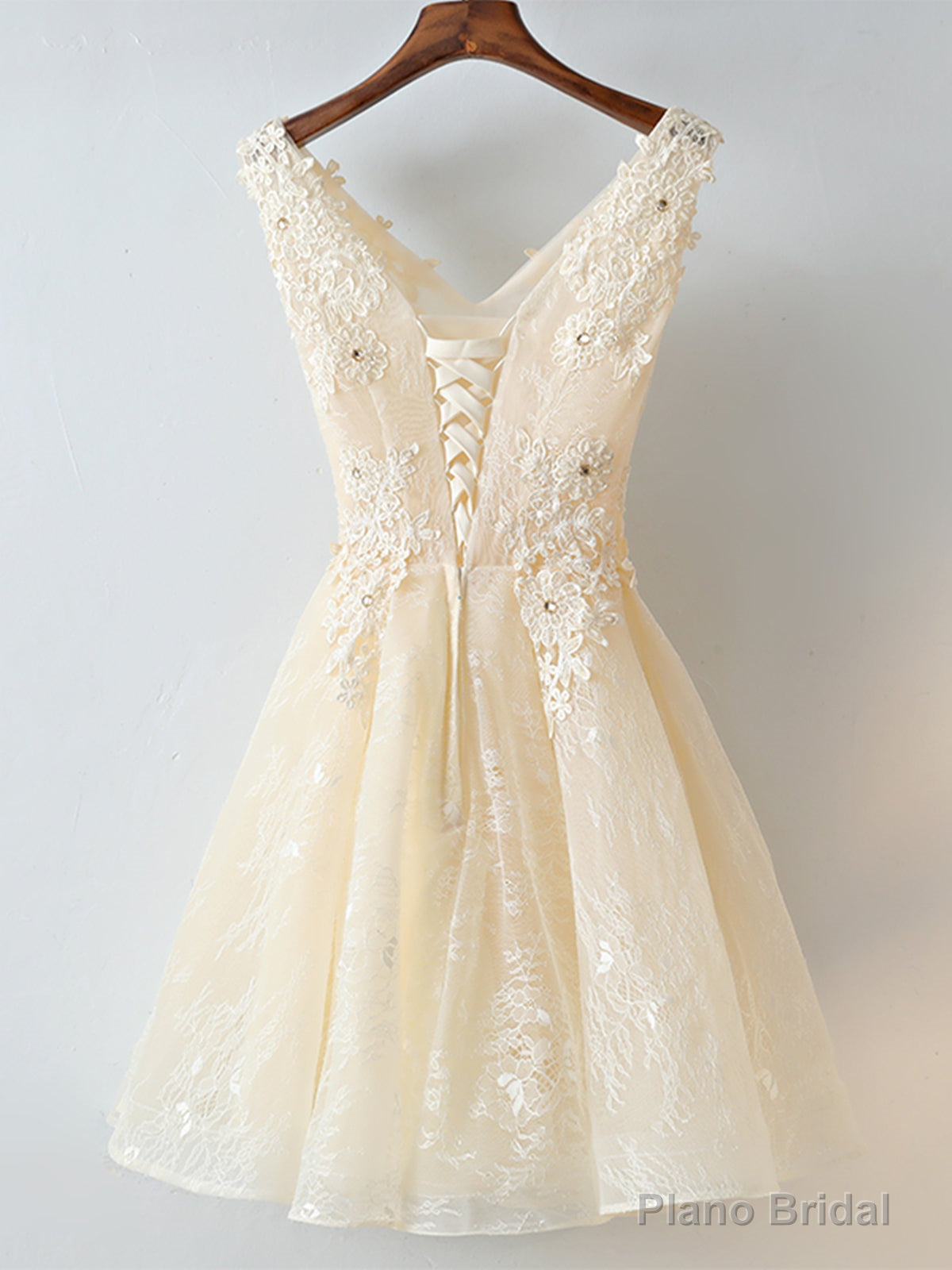 V Neck Short Champagne Lace Prom Dresses, Short Champagne Lace Formal Homecoming Dresses Secondary image