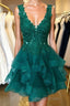 V Neck Short Green Lace Formal Prom Dresses, Short Green Lace Graduation Homecoming Dresses