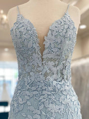 V Neck Short Light Blue Lace Formal Prom Dresses, V Neck Blue Lace Short Graduation Homecoming Dresses