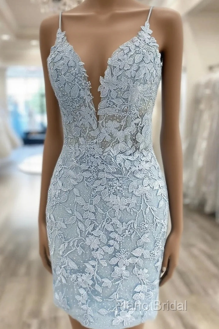 V Neck Short Light Blue Lace Formal Prom Dresses, V Neck Blue Lace Short Graduation Homecoming Dresses Main image