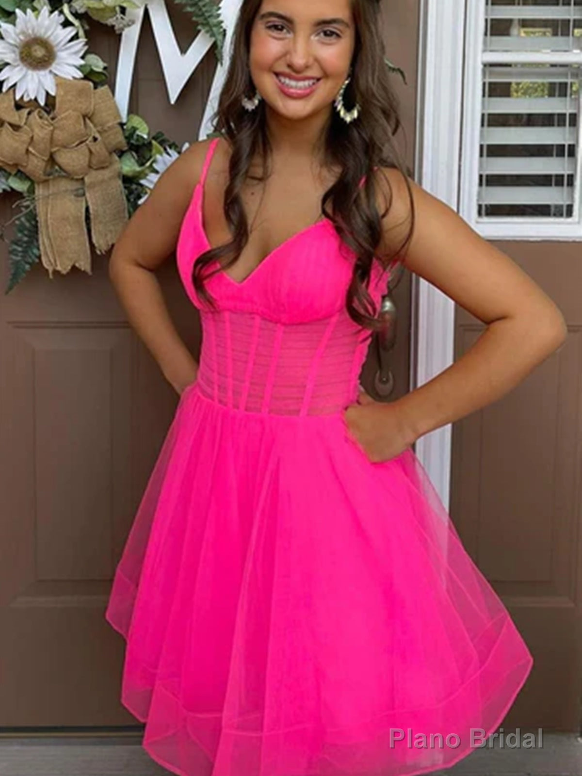 V Neck Short Pink Black Prom Dresses, Short V Neck Formal Homecoming Dresses Main image