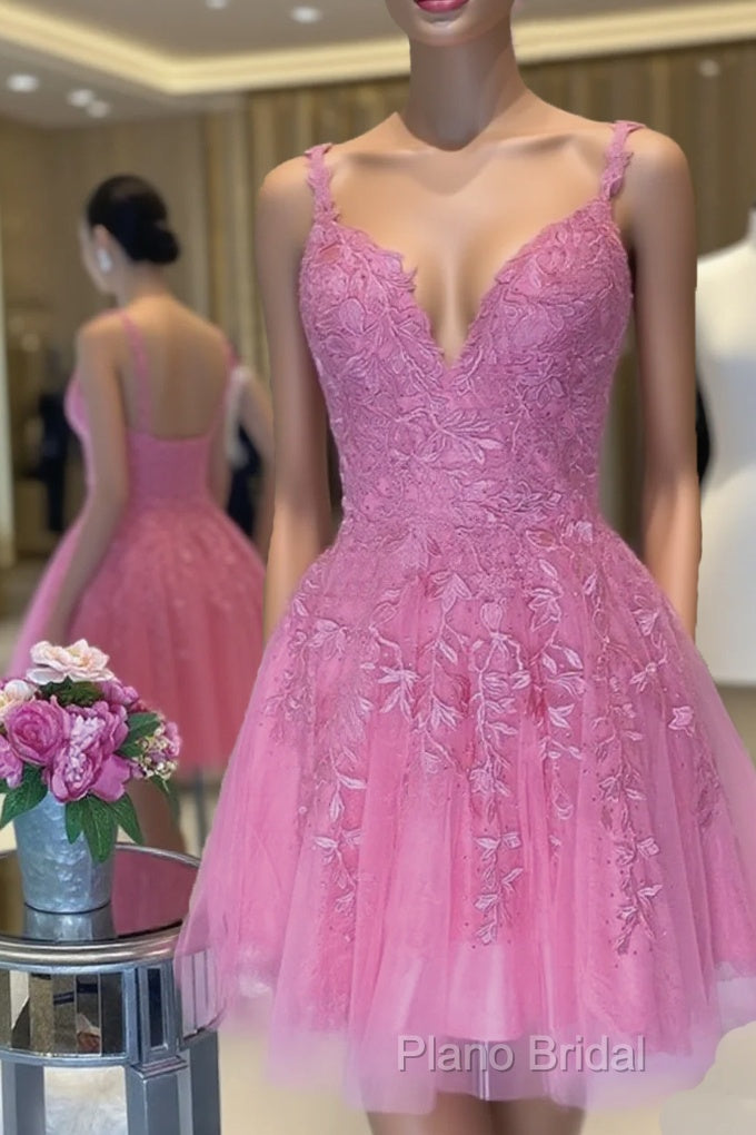 V Neck Short Pink Lace Formal Prom Dresses, V Neck Pink Lace Formal Graduation Dresses Main image