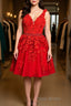V Neck Short Red Lace Formal Prom Dress with Beadings, Short Red Lace Formal Graduation Homecoming Dress
