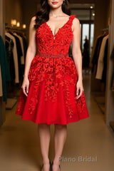 V Neck Short Red Lace Formal Prom Dress with Beadings, Short Red Lace Formal Graduation Homecoming Dress