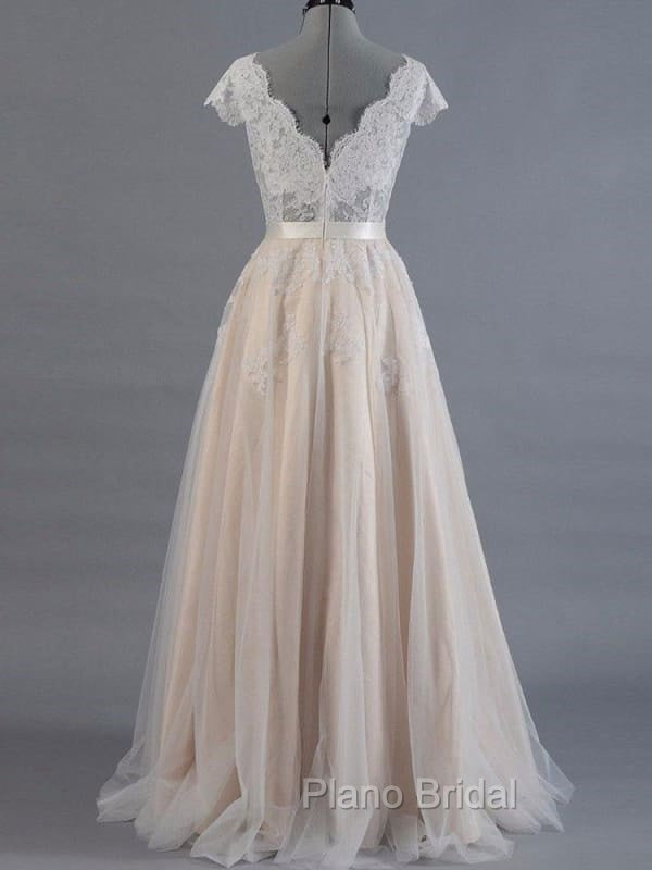 V Neck Short Sleeves Wedding Dresses Lace Applique Floor Length Tulle Bridal Gowns Secondary image