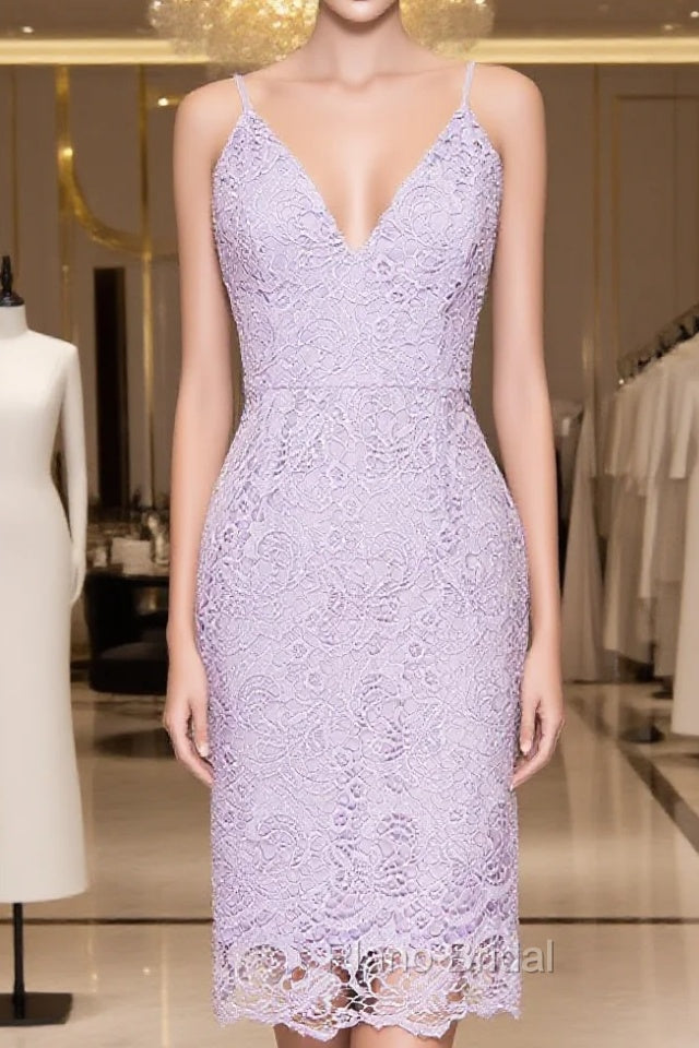 V-Neck Spaghetti Straps Lace Short Bridesmaids Dresses