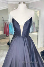 V Neck Strapless Black Satin Long Formal Prom Dresses, Strapless Black Formal Dresses, Long Black Evening Dresses