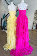 V-Neck Straps Fuchsia Ruffle Chiffon Formal Prom Dresses with Slit