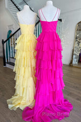 V-Neck Straps Fuchsia Ruffle Chiffon Formal Prom Dresses with Slit