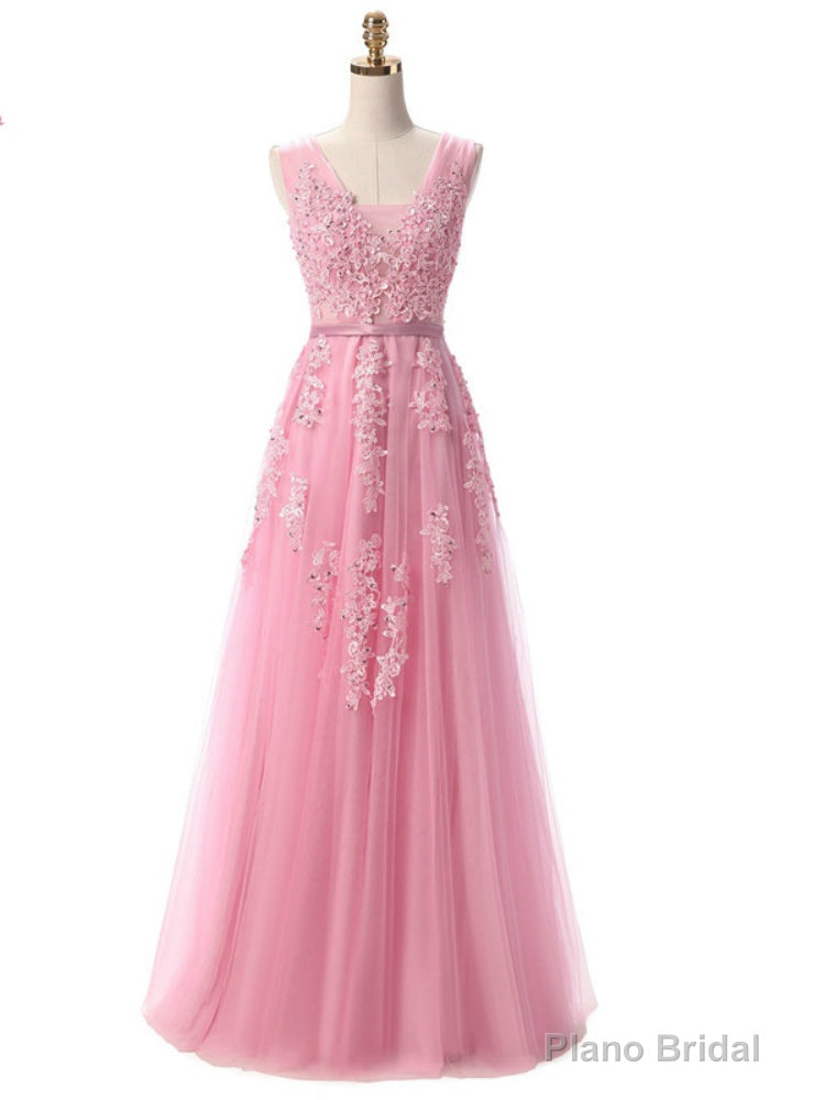 V Neck Tulle A Line Pink Evening Dress Prom Gown Main image