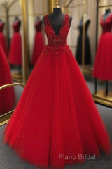 V-Neck Tulle Long Formal Prom Dresses With Appliques And Beading,Formal Prom Dresses,Pageant Dresses