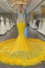V Neck Yellow Feather Trumpet Mermaid Formal Prom Dresses