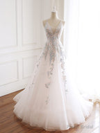 V-neckline Lace Applique Floor Length Party Dress, Charming White Floral Prom Dress