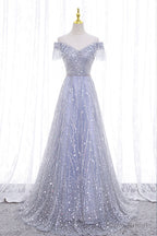 A-Line Tulle Sequins Long Prom Dress, Off the Shoulder Evening Party Dress