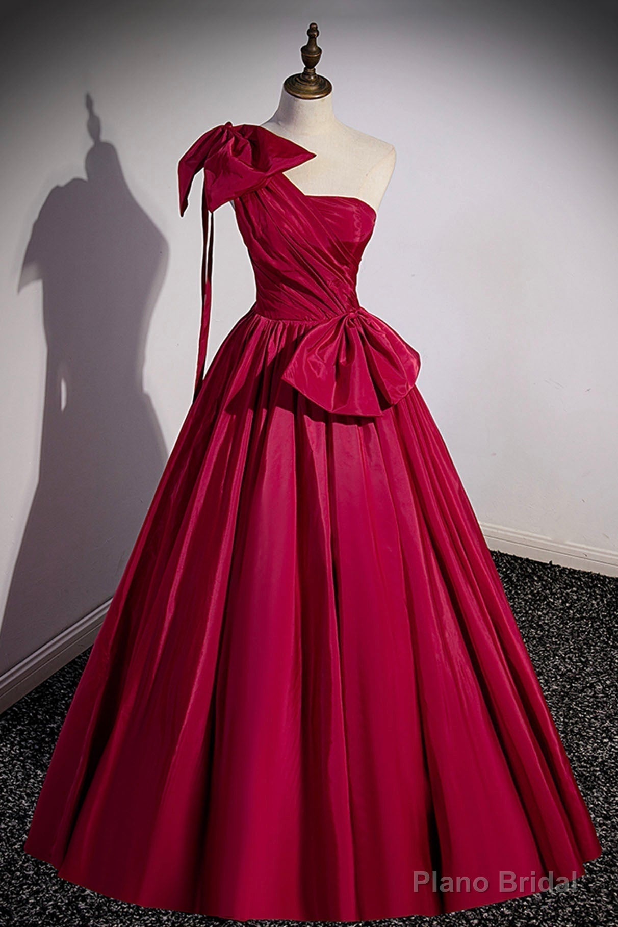 Burgundy Satin Long Prom Dress, One Shoulder Evening Dress with Bow Secondary image