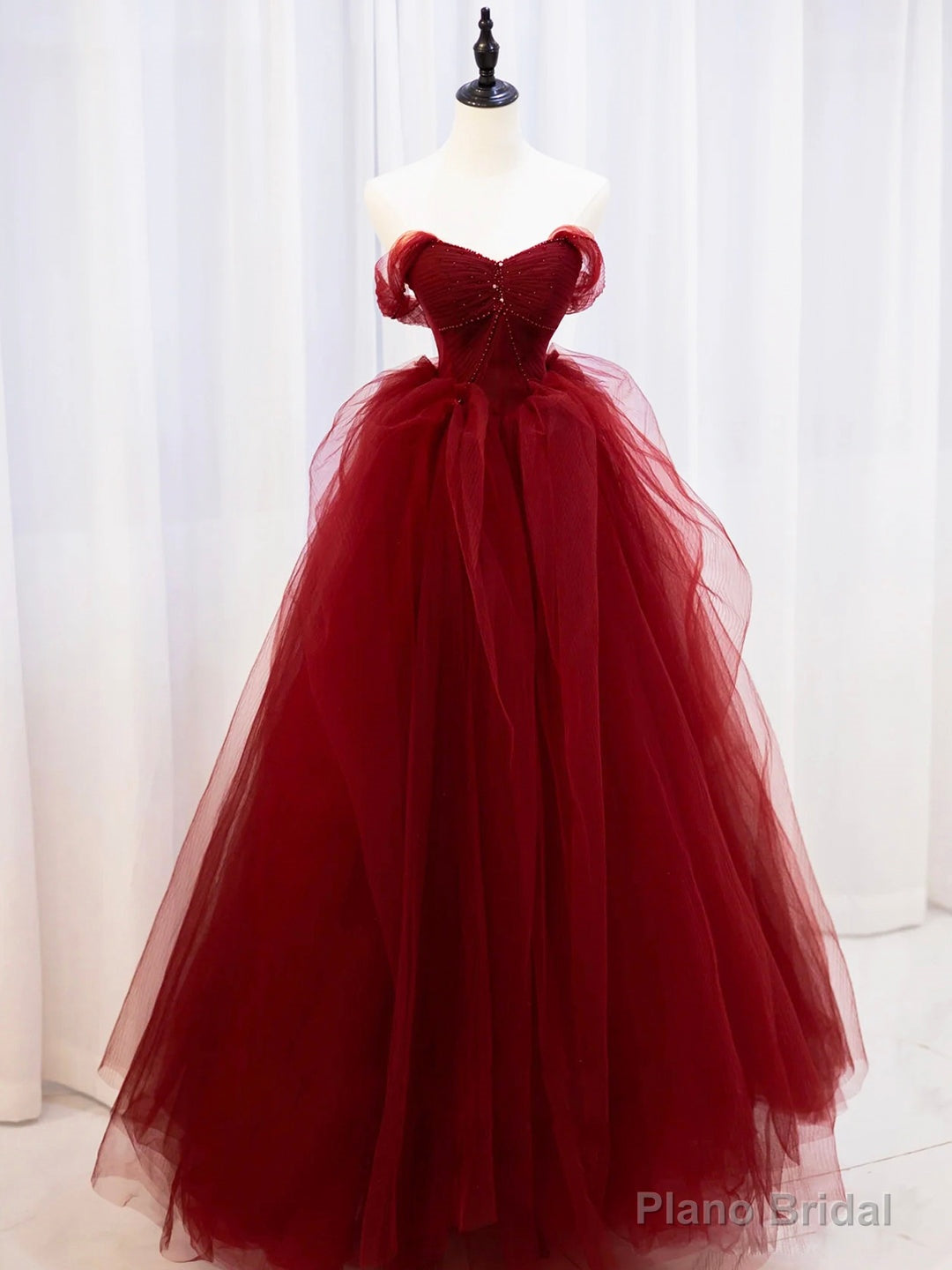 Burgundy Sweetheart Tulle Long Prom Dress with Beaded, Burgundy Party Dress