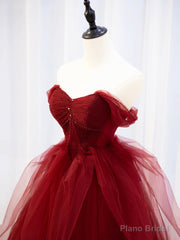 Burgundy Sweetheart Tulle Long Prom Dress with Beaded, Burgundy Party Dress