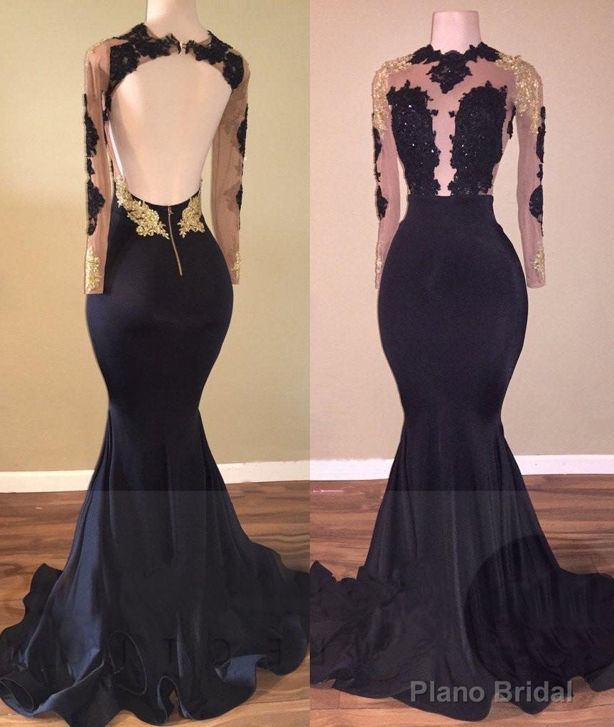 2025 Black Mermaid Backless Long Sleeves Prom Dresses Main image