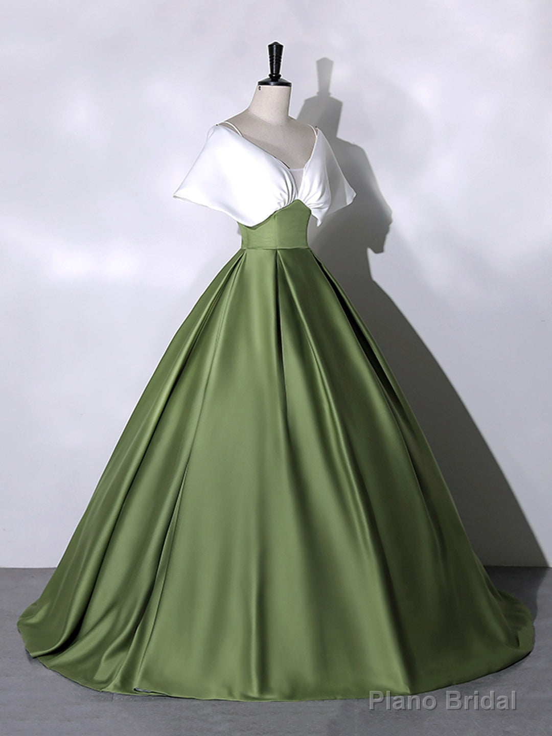 White+Green Satin Floor Length Prom Dress, V-Neck Off the Shoulder Evening Dress Secondary image