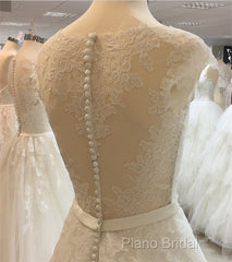 Vintage A-Line Cap Sleeves Crystal Beaded Sashes Wedding Lace Dresses