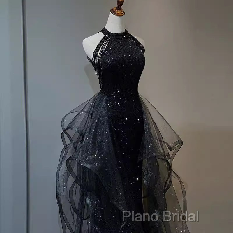 Vintage A Line Halter Black Party Dresses Sequin Formal Prom Dresses