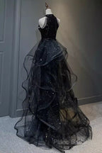 Vintage A Line Halter Black Party Dresses Sequin Formal Prom Dresses