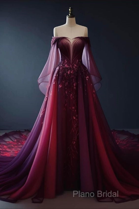 Vintage A Line Off The Shoulder Tulle Burgundy Formal Prom Dresses