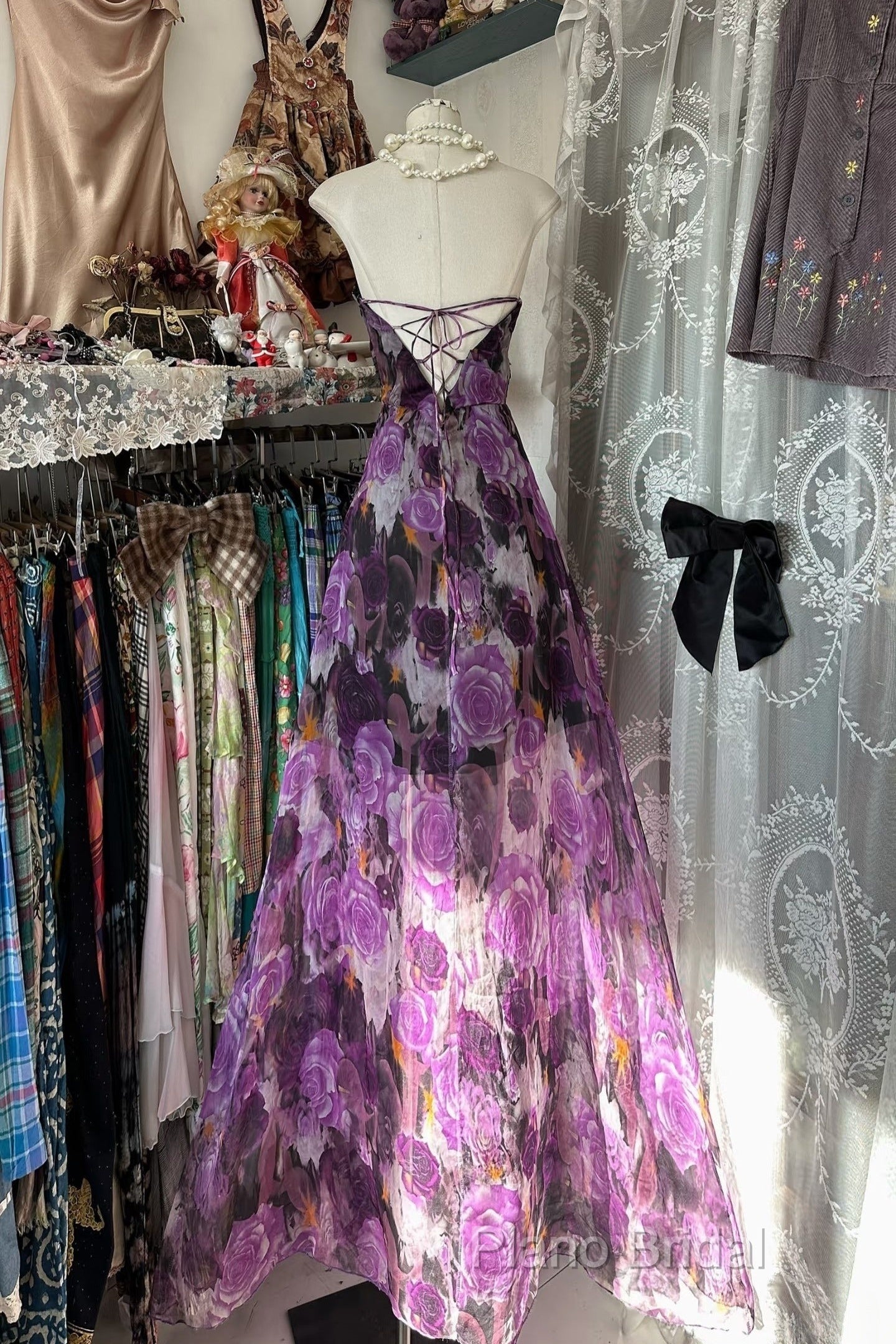 Vintage A Line Sleeveless Long Floral Chiffon Formal Dresses Formal Prom Dresses Secondary image