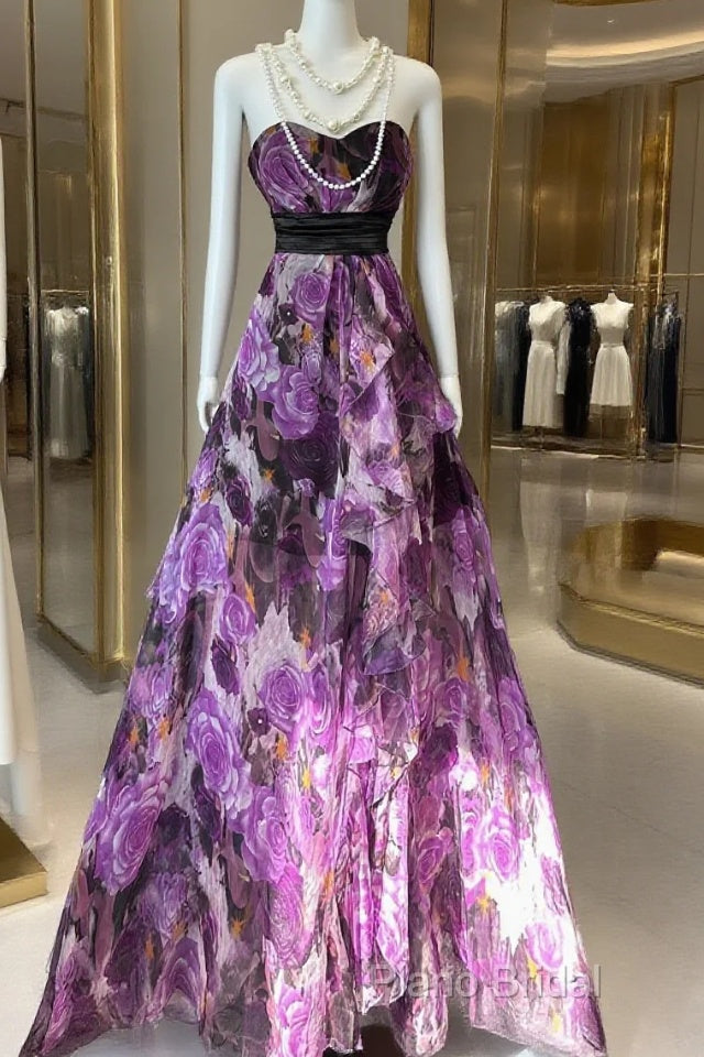 Vintage A Line Sleeveless Long Floral Chiffon Formal Dresses Formal Prom Dresses Main image