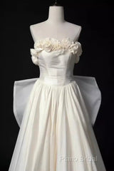 Vintage A Line Strapless Satin White Long Wedding Dresses Brides Dresses