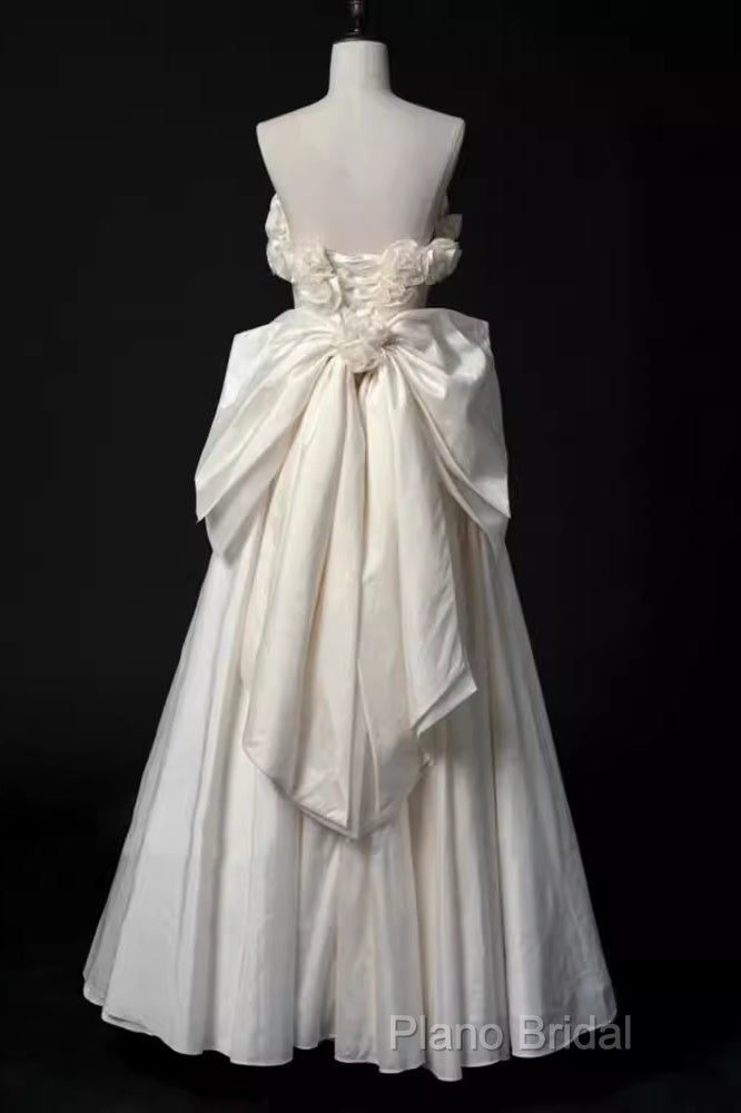 Vintage A Line Strapless Satin White Long Wedding Dresses Brides Dresses