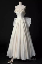 Vintage A Line Strapless Satin White Long Wedding Dresses Brides Dresses